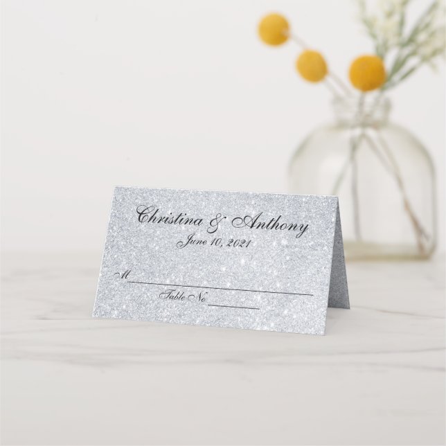 Silver Elegant Personalisiert Wedding Platzkarte (Vorderseite)
