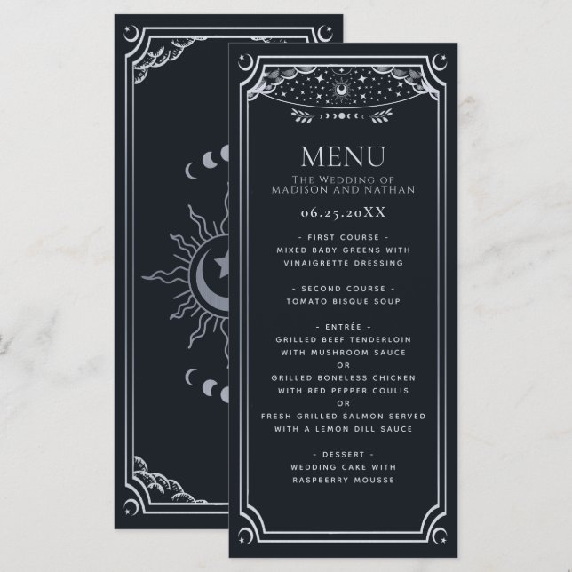 Silver Elegante Tarot Card Gotische Hochzeit Menükarte (Vorne/Hinten)