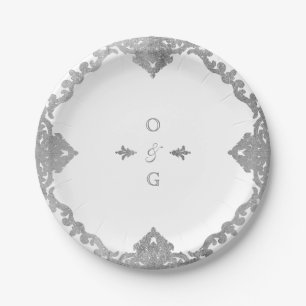 Silver eleganter verzierter Jahrgang Hochzeit Mono Pappteller