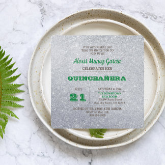 Silver & Emerald Green Funkelnd Quinceñera Einladung