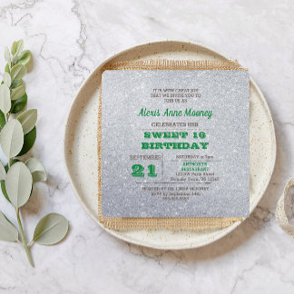 Silver & Emerald Green Funkelnd Sweet 16 Einladung
