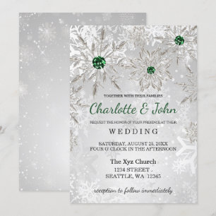 Silver Emerald Green Schneeflocken Winter Wedding Einladung