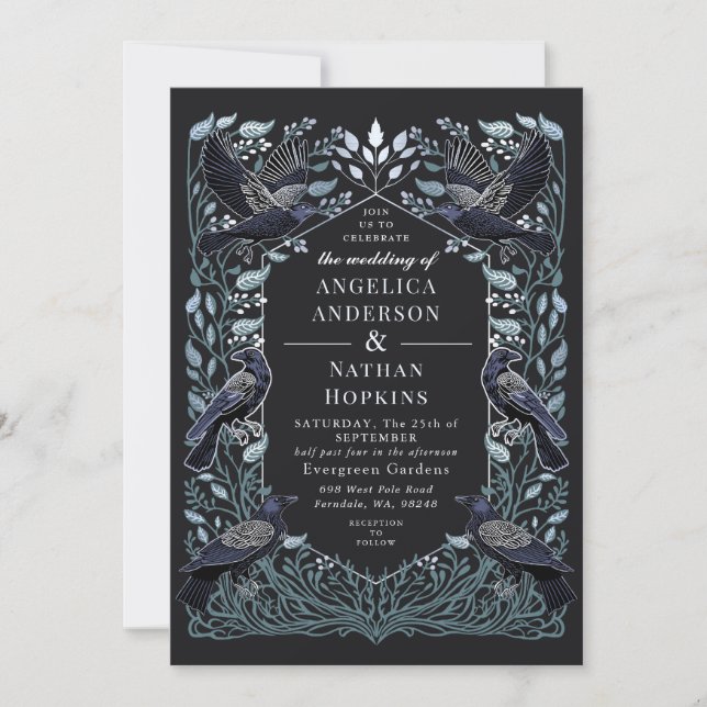 Silver Enchanted Gothic Raven Floral Wedding Einladung (Vorderseite)