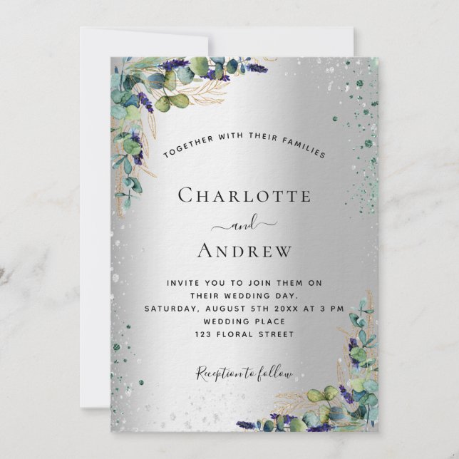 Silver eucalyptus green sparke luxuriöse Hochzeit Einladung (Vorderseite)