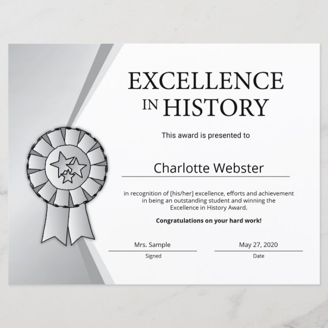 Silver Excellence in History Certificate Award (Vorderseite)