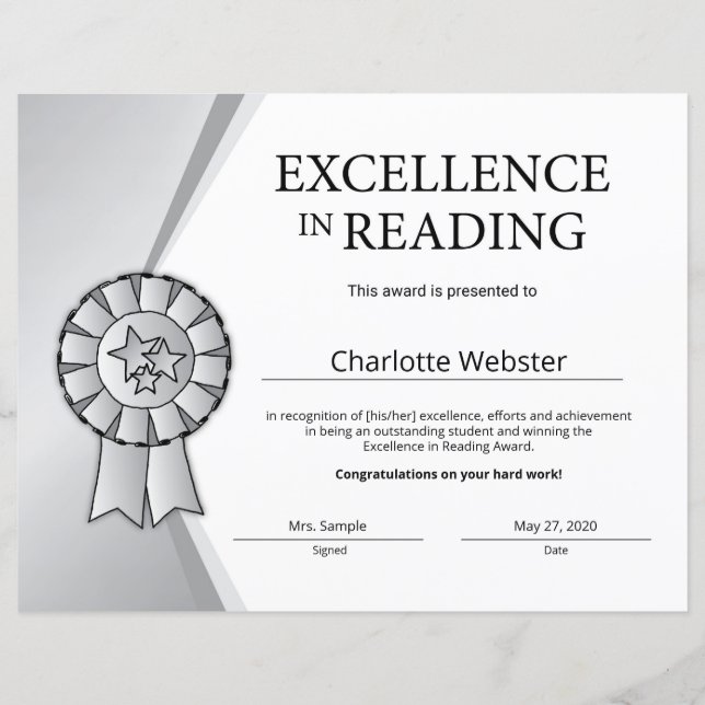 Silver Excellence in Reading Certificate Award (Vorderseite)