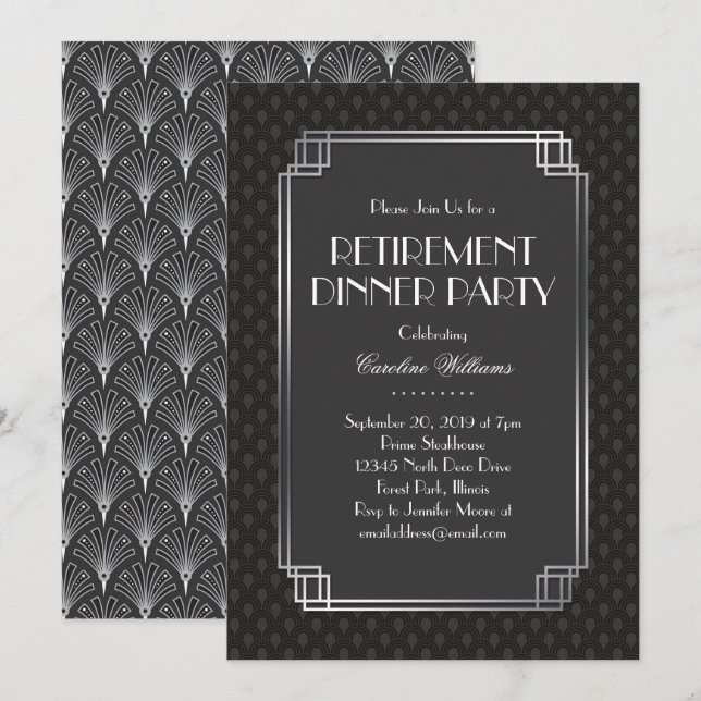 Silver Fans Art Deco Retirement Party Einladung (Vorne/Hinten)