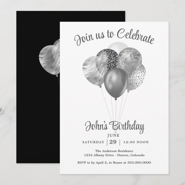 Silver Faux Glitter Balloon Birthday Party Einladung (Vorne/Hinten)