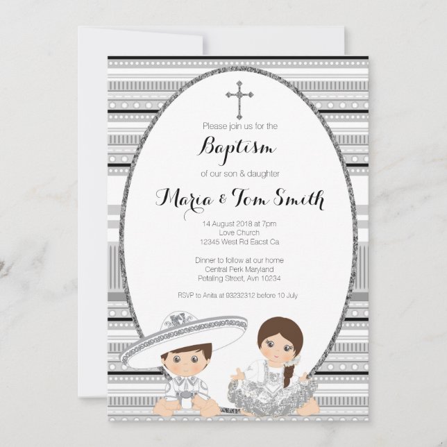 Silver Fiesta Boy & Girl Taufe Christening Einladung (Vorderseite)