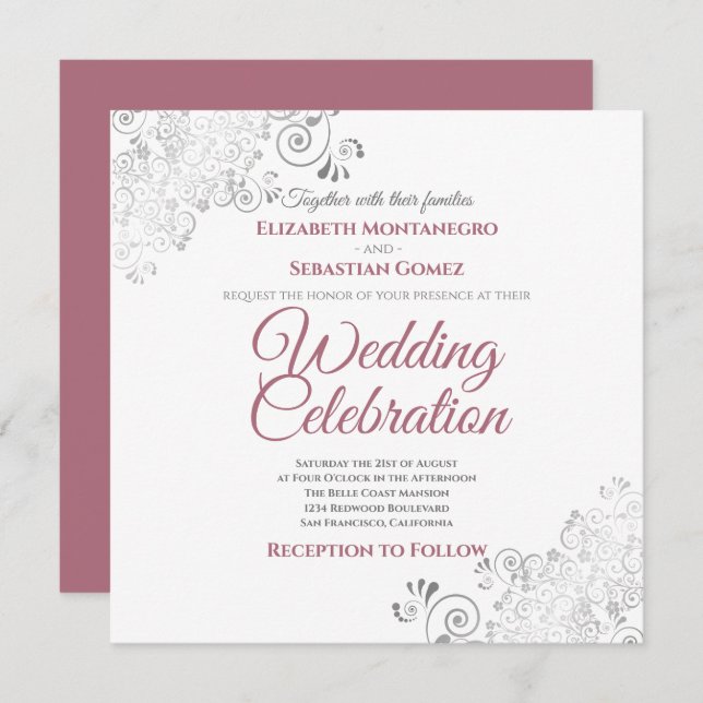 Silver Filigree Dusty Rose & White Square Wedding Einladung (Vorne/Hinten)