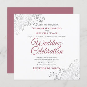 Silver Filigree Dusty Rose & White Square Wedding Einladung