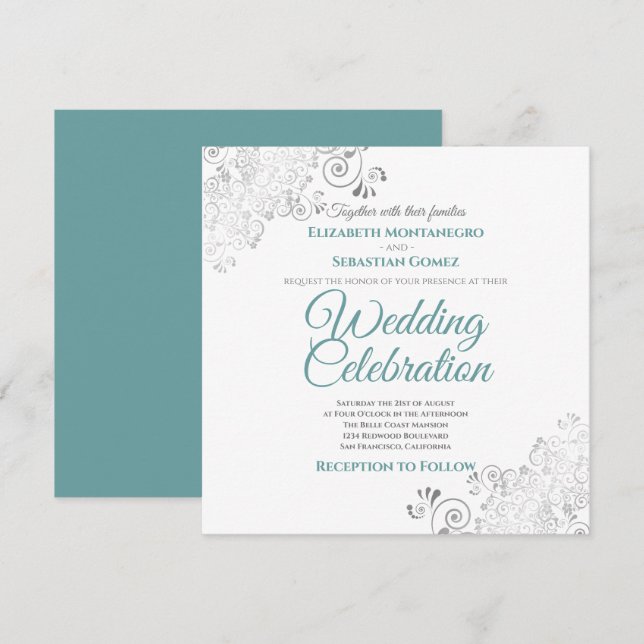 Silver Filigree Elegante Aquamarin & Gray Square W Einladung (Vorne/Hinten)
