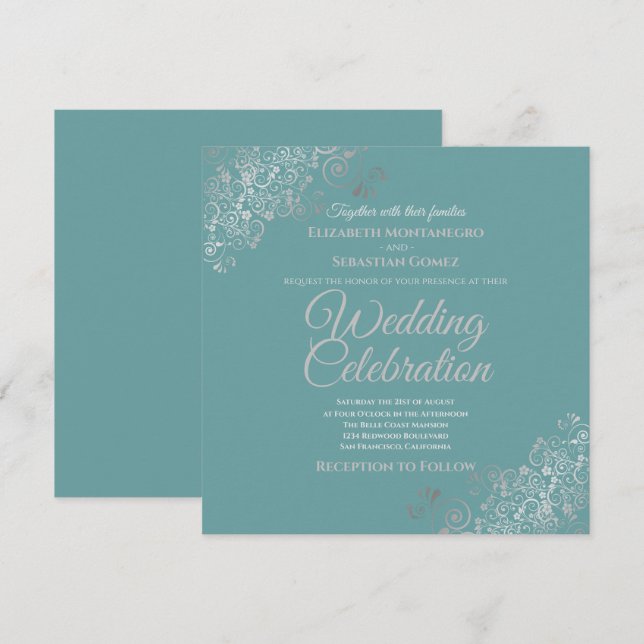 Silver Filigree Elegante Aquamarin Square Wedding Einladung (Vorne/Hinten)