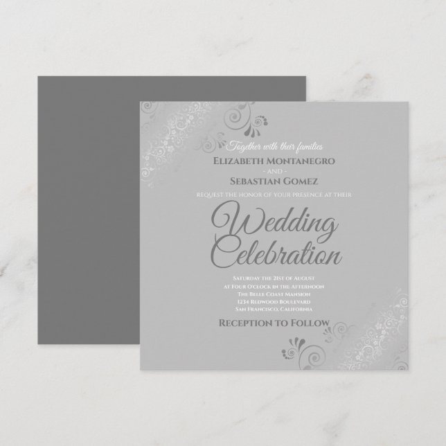 Silver Filigree Elegante Gray Square Wedding Einladung (Vorne/Hinten)