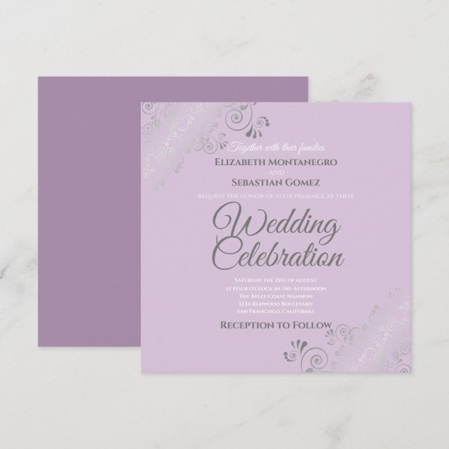 Silver Filigree Elegante Lavender Square Wedding Einladung (Vorne/Hinten)