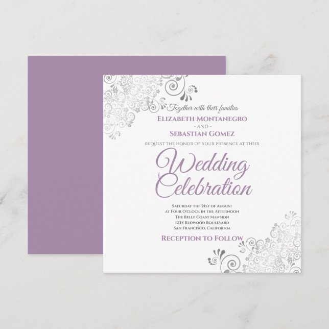 Silver Filigree Elegante Lila Square Wedding Einladung (Vorne/Hinten)