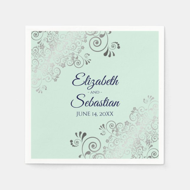 Silver Filigree Elegante Mint Green & Navy Hochzei Serviette (Vorderseite)