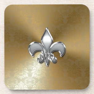 Silver Fleur-De-Lis auf Gold Damask Getränkeuntersetzer