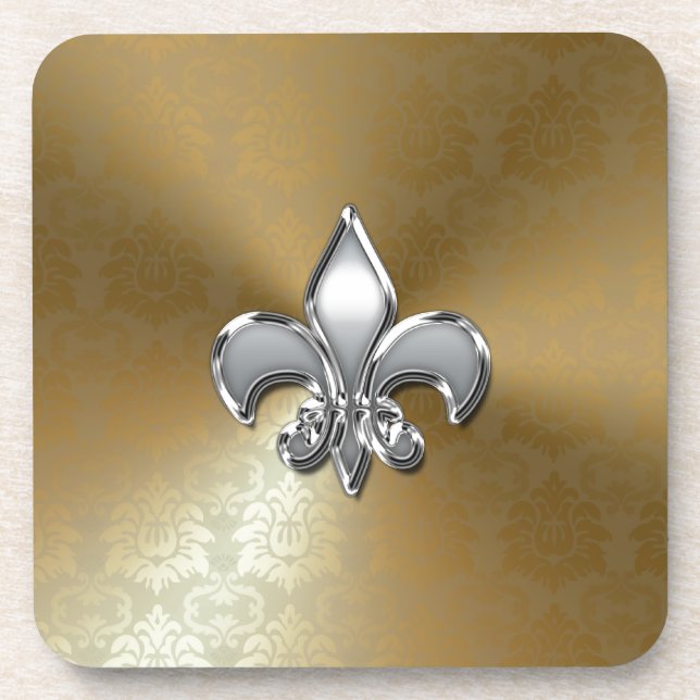 Silver Fleur-De-Lis auf Gold Damask Getränkeuntersetzer (Vorderseite)