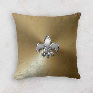 Silver Fleur-De-Lis auf Gold Damask Kissen