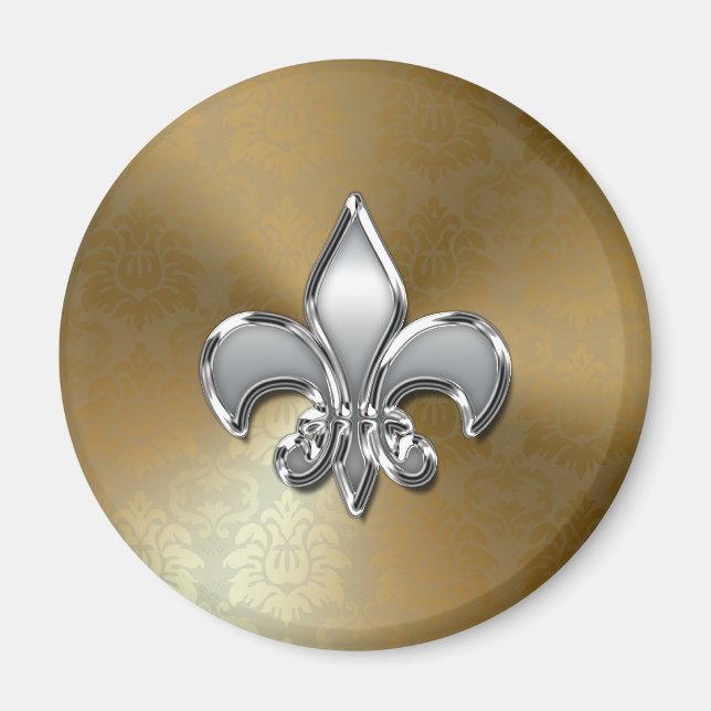 Silver Fleur-De-Lis auf Gold Damask Magnet (Vorne)