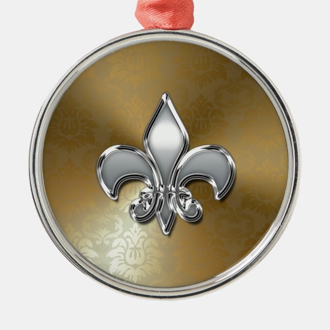 Silver Fleur-De-Lis auf Gold Damask Silbernes Ornament (Vorne)