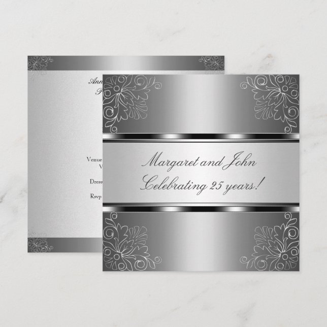 Silver Floral 25-jähriges Party-Event Einladung (Vorne/Hinten)