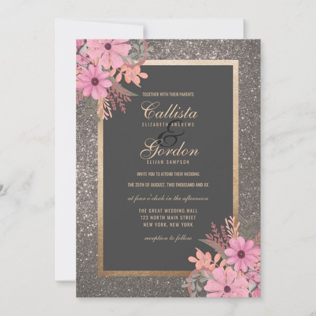 Silver Floral Blätter Wasserfarbe Glitzer Hochzeit Einladung (Vorderseite)
