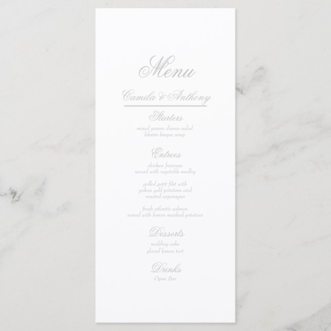 Silver Floral Border Wedding Menükarte (Vorderseite)