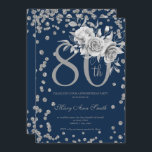 Silver Floral & Confetti 80th Birthday Navy  Einladung<br><div class="desc">Elegante 80. Geburtstagsparty Silver Floral & Glitzer Confetti Einladung Vorlage. Mit einer modernen Blume.</div>