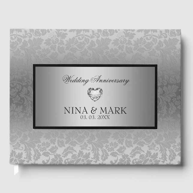 Silver Floral Damask Anniversary Gästebuch (Vorderseite)