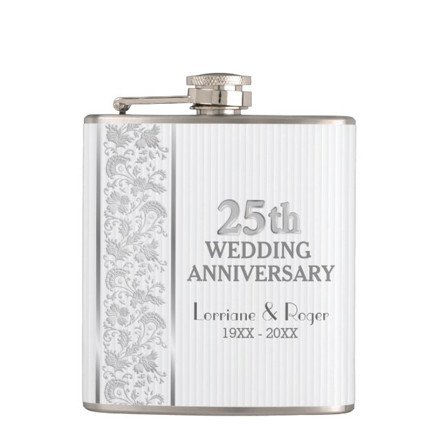 Silver Floral Elegance 25. Hochzeitstag Flachmann (Vorderseite)