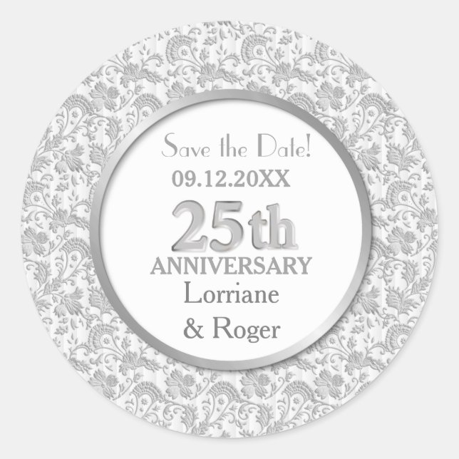 Silver Floral Elegance 25. Hochzeitstag Runder Aufkleber (Vorderseite)