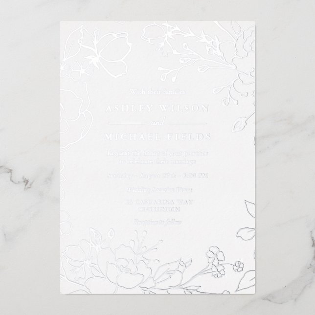 Silver Floral Elegante Moderne Hochzeit Real Silve Folieneinladung (Vorderseite)
