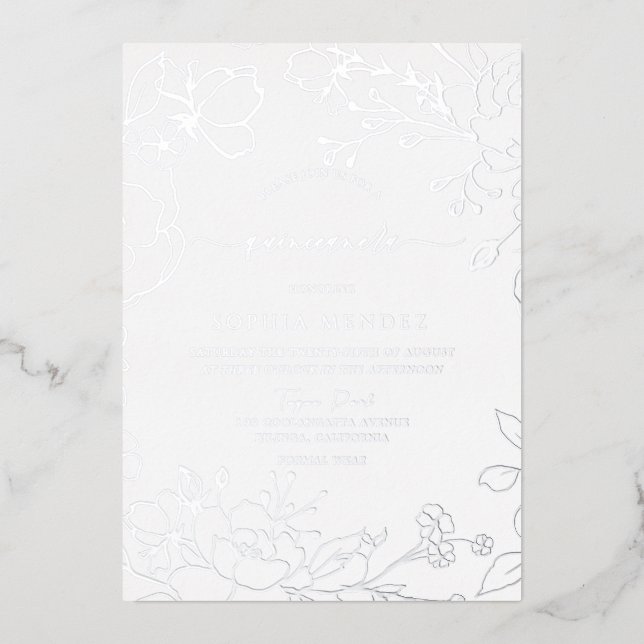 Silver Floral Elegante Quinceanera Party Silver Folieneinladung (Vorderseite)