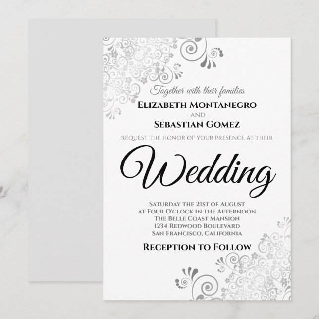 Silver Floral Filigree Elegante Chic Wedding Einladung (Vorne/Hinten)