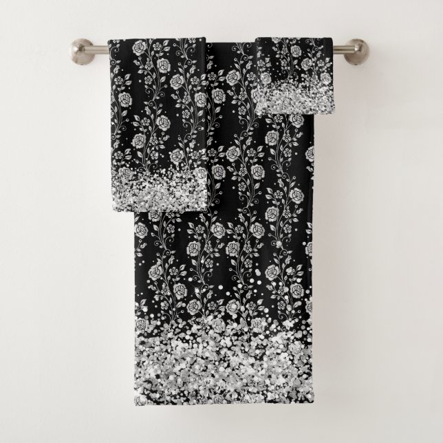Silver Floral Glittery Glam Badetuch Set (Insitu)
