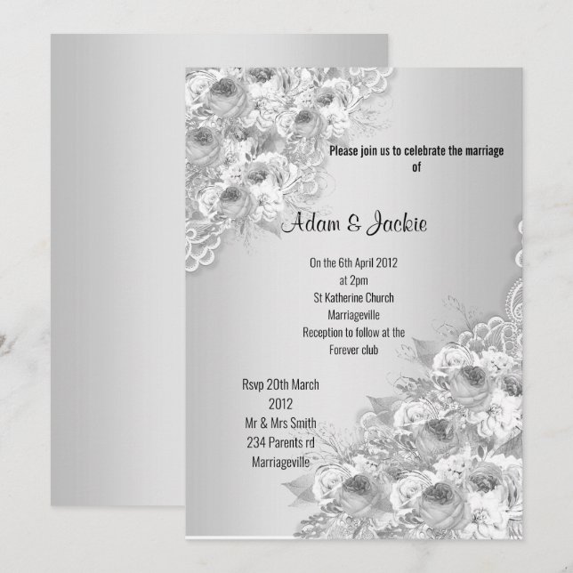 Silver Floral LACE ELEGANT MODERN WEDN Einladung (Vorne/Hinten)