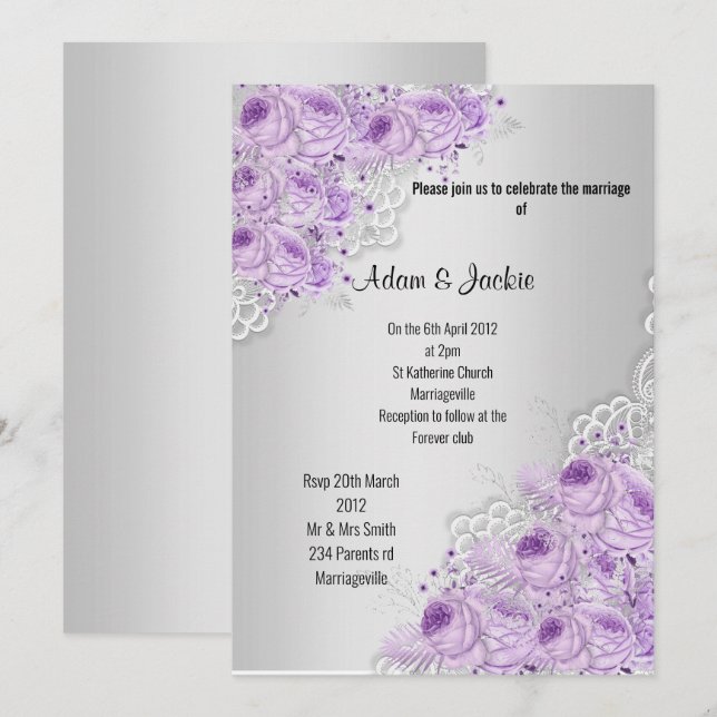 Silver Floral LACE ELEGANT MODERN WEDN Einladung (Vorne/Hinten)