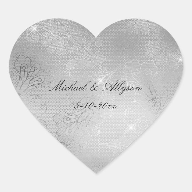 Silver Floral Lace Wedding Herz-Aufkleber (Vorderseite)