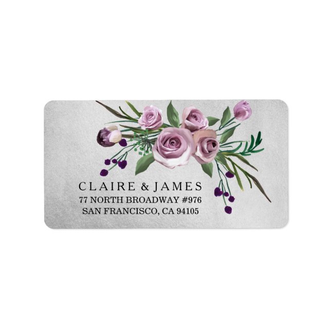 Silver Floral Lila Rose Hochzeitadresse Adressaufkleber (Vorne)