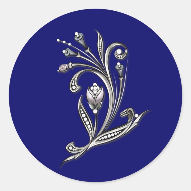 Silver Floral on Blue Wedding Umschlag Aufkleber (Vorderseite)