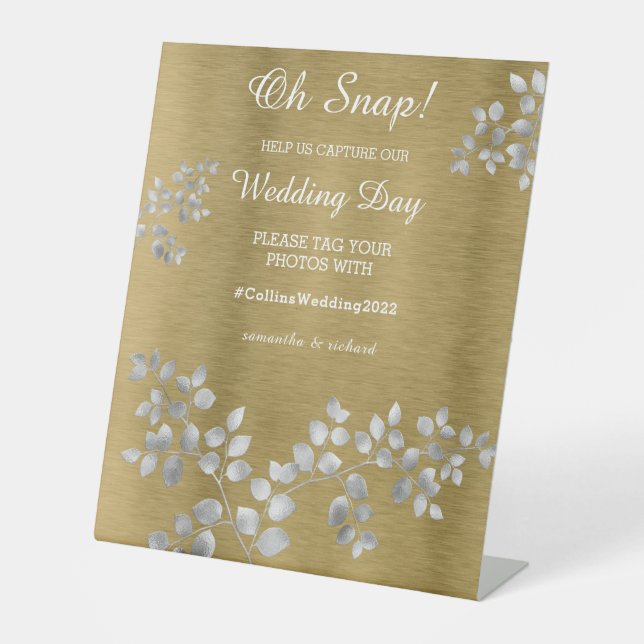 Silver Floral on Gold Wedding Pedestal Schild (Vorderseite)