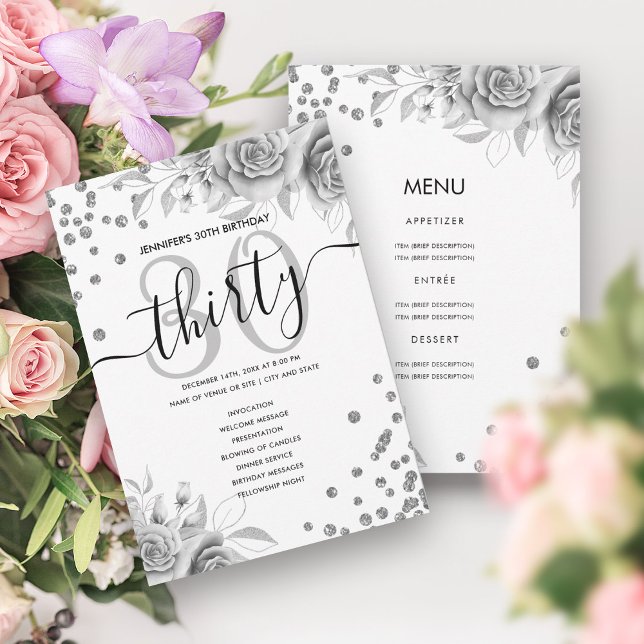 Silver Floral Parties scintillant 30 Programme de  (Silver Floral Glitter 30 Birthday Menu Program)
