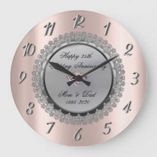 Silver Floral Rose Gold 25th Wedding Anniversary Große Wanduhr