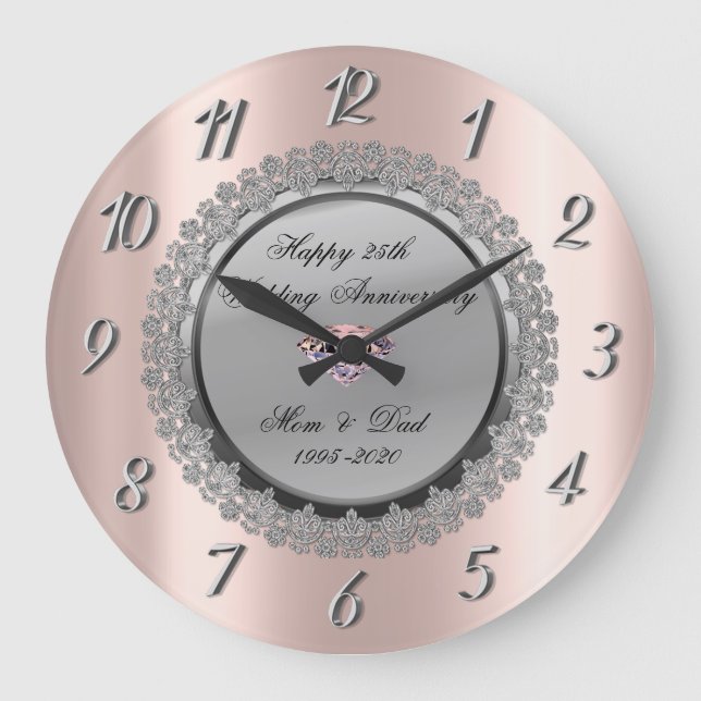 Silver Floral  Rose Gold 25th Wedding Anniversary Große Wanduhr (Vorderseite)
