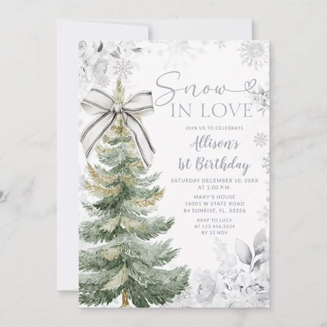 Silver Floral Snow In Love Christmas Tree Birthday Einladung (Vorderseite)
