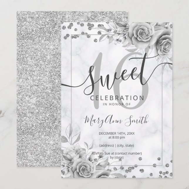 Silver Floral Sweet 16 Birthday Marmor Glitzer Einladung (Vorne/Hinten)