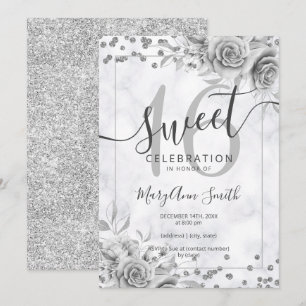 Silver Floral Sweet 16 Birthday Marmor Glitzer  Einladung