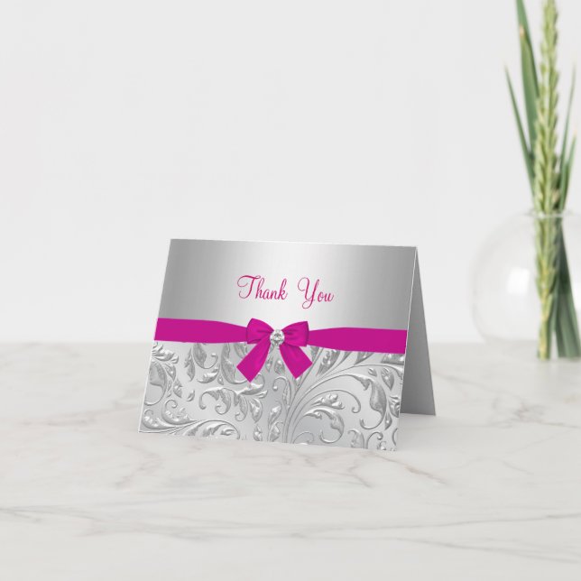 Silver Floral Swirl & Bow pink Danke Karte (Vorderseite)